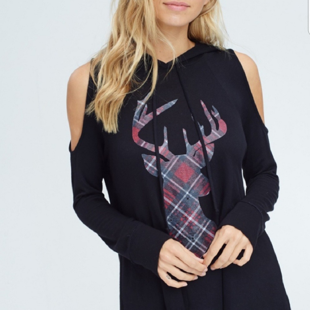 LAST ONE!!! Cold Shoulder Hoodie With Plaid Deer